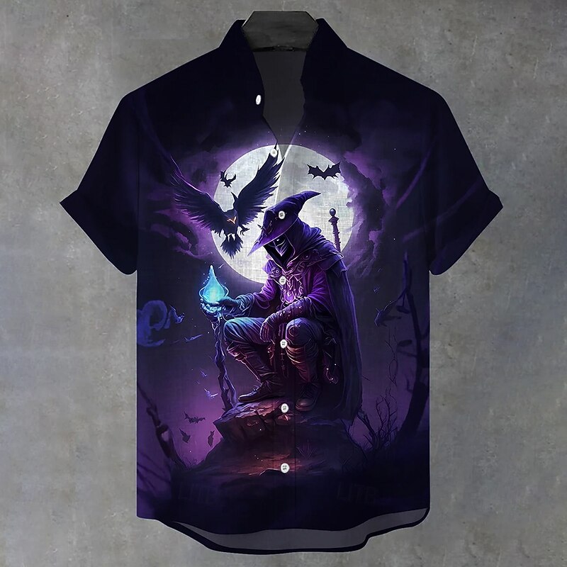Halloween Men's Halloween Costumes Headless Horseman Shirt Button Up Shirt Stand Collar Shirt Short Sleeve Dark Gothic Style Holiday Summer Spring Mandarin Collar 3D Print Linen Like Shirt Blue Purple2