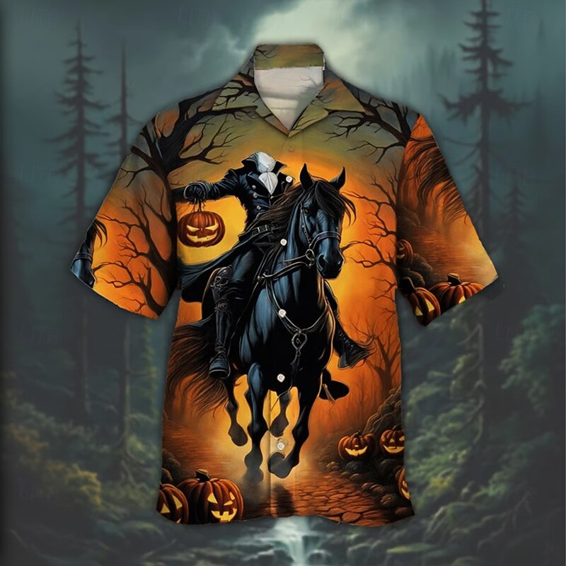Halloween Men's Pumpkin Halloween Costumes Headless Horseman Shirt Cuban Collar Shirt Button Up Shirt Short Sleeve Dark Punk Gothic Style Holiday Streetwear Summer Camp Collar Shirt 3D Print Orange
