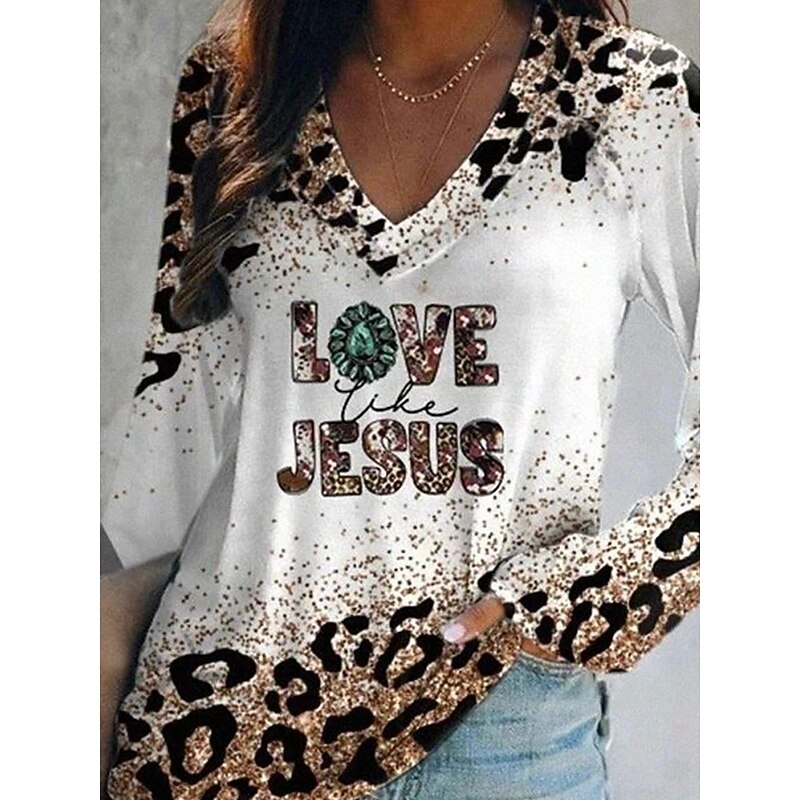 Women's T Shirt Graphic Leopard Vintage Stylish Classic Long Sleeve V Neck Regular Tops Daily Weekend Vacation Wear Print White Spring Fall Spring, Fall, Winter, Summer Witch2