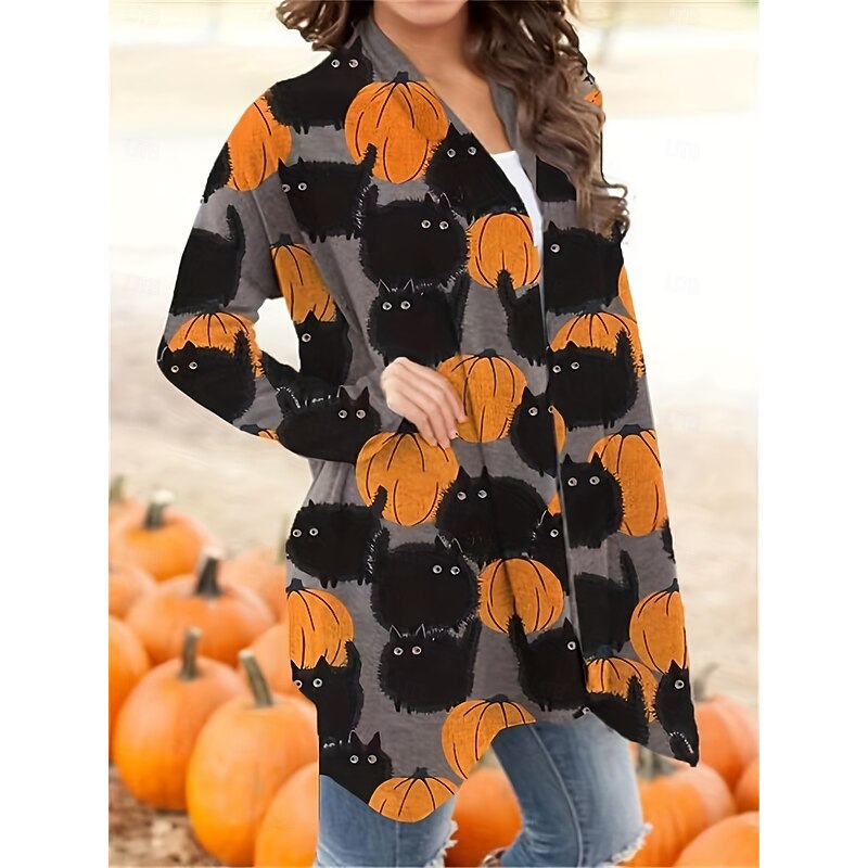 Halloween Women's Casual Jacket Lightweight Comfortable Black Cat Print Active Vintage Artistic Casual Black Cat Casual Short Collarless Regular Fit Long Sleeve Outerwear Orange Spring Fall4