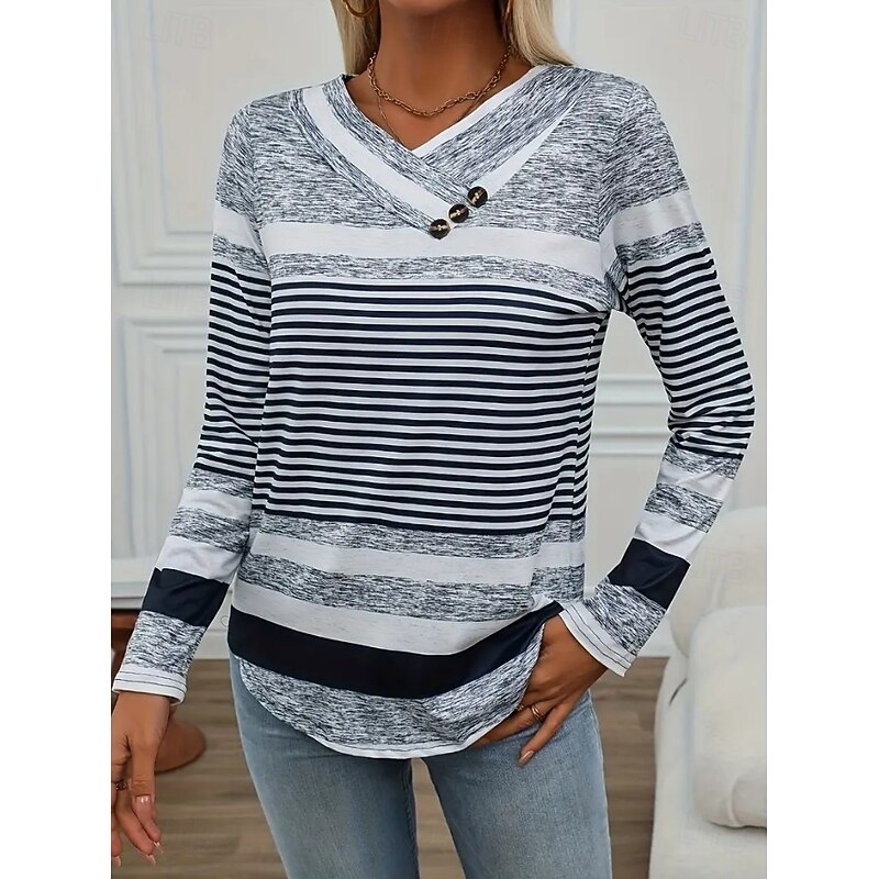 Women's T Shirt Graphic Geometric Vintage Stylish Classic Long Sleeve Crew Neck V Neck Regular Tops Daily Buttons Print Asymmetrical Gray Spring Fall4