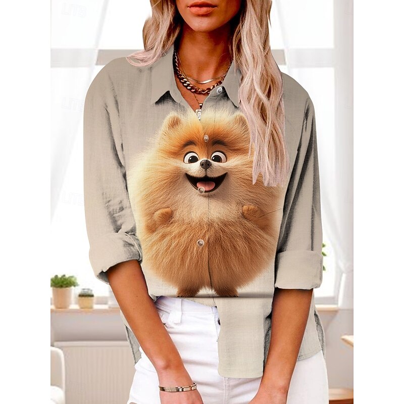 Women's Shirt Graphic Active Daily Stylish Long Sleeve Shirt Collar Regular Tops Daily Holiday Buttons Print Khaki Gray Summer Spring Fall