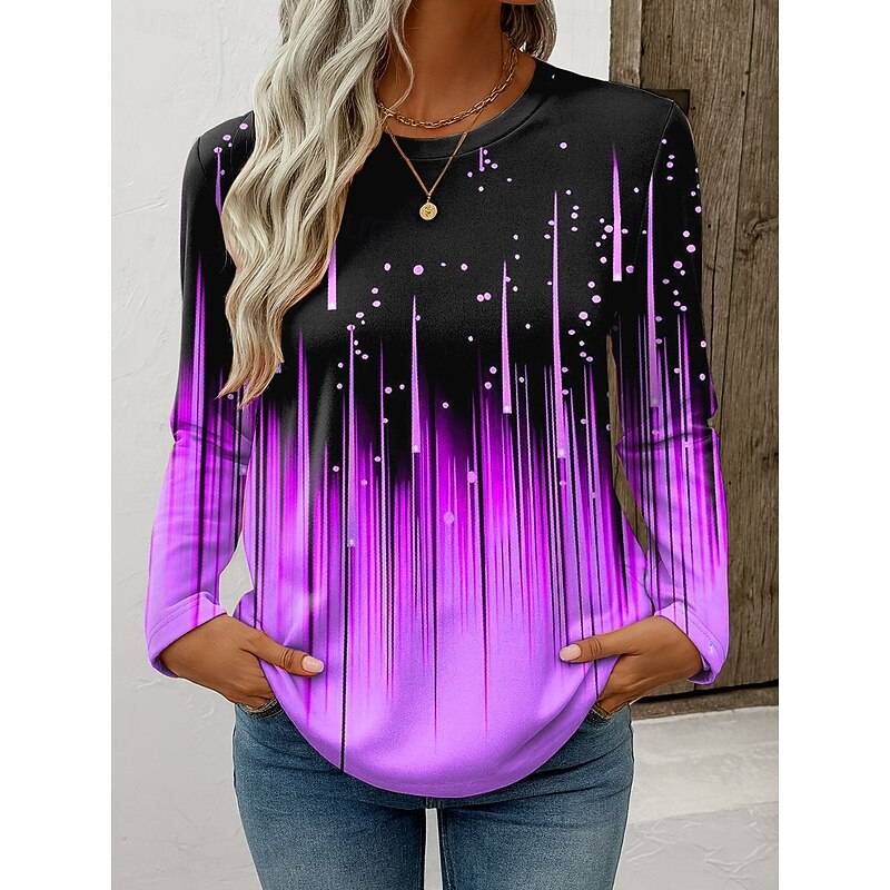 Women's T Shirt Ombre Graphic Geometric Stylish Modern Casual Long Sleeve Crew Neck Regular Tops Daily Weekend Print Pink Blue Purple Green Spring Fall3