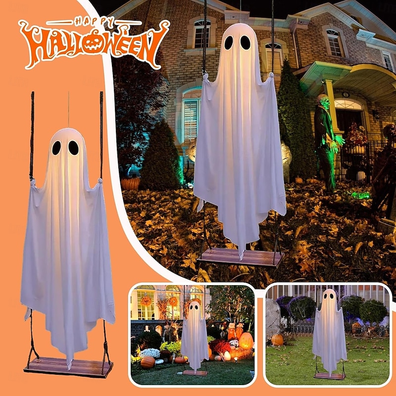 1 Pc 1.5M/5FT Halloween Hanging Swing Light up Cute Ghosts Indoor and Outdoor Front Gallery Courtyard Party Halloween Festival Atmosphere Decorative Light AAA Battery Box Remote Control4