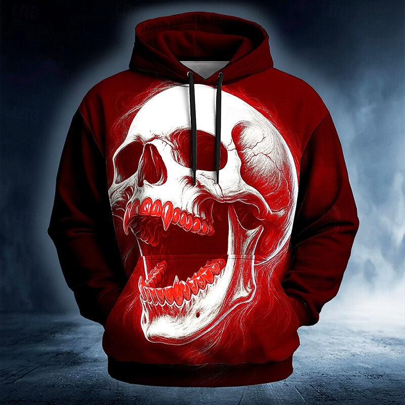 Halloween Men's Skull 3D Hoodie Sweatshirt Punk Exaggerated Long Sleeve Crew Neck Club Streetwear Black Red Drawstring Fall Winter Designer4