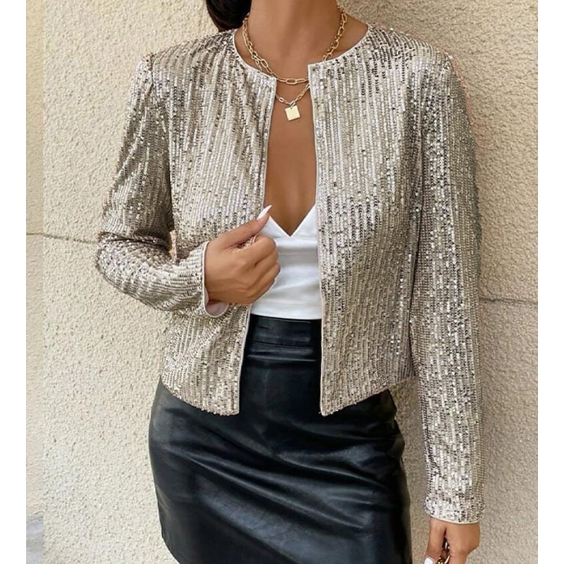 Women's Casual Jacket Dailywear Sequin Solid Color Cool Regular Fit Outerwear Long Sleeve Spring Rose Gold S