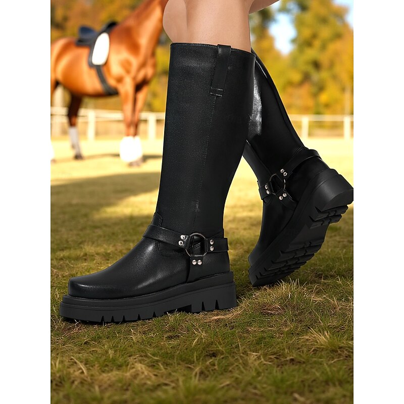 Women's Black Knee-High Platform Riding Boots - Chunky Lug Sole Harness Boots for Equestrian Style, Fall Fashion and Outdoor Casual Wear4