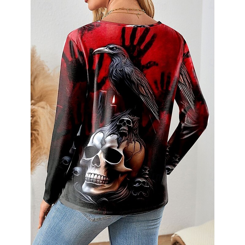 Halloween Women's T Shirt Skulls Graphic Vintage Fashion Stylish Long Sleeve Crew Neck Regular Tops Daily Weekend Print Pink Red Blue Orange Green Spring Fall Winter2