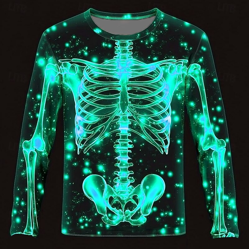 Halloween Day of the Dead Skull Men's 3D Skeleton T Shirt Long Sleeve T shirt 3D Print Crew Neck Shirt Fashion Exaggerated Street Daily Blue Purple Orange Summer Spring Fall Clothing Apparel4