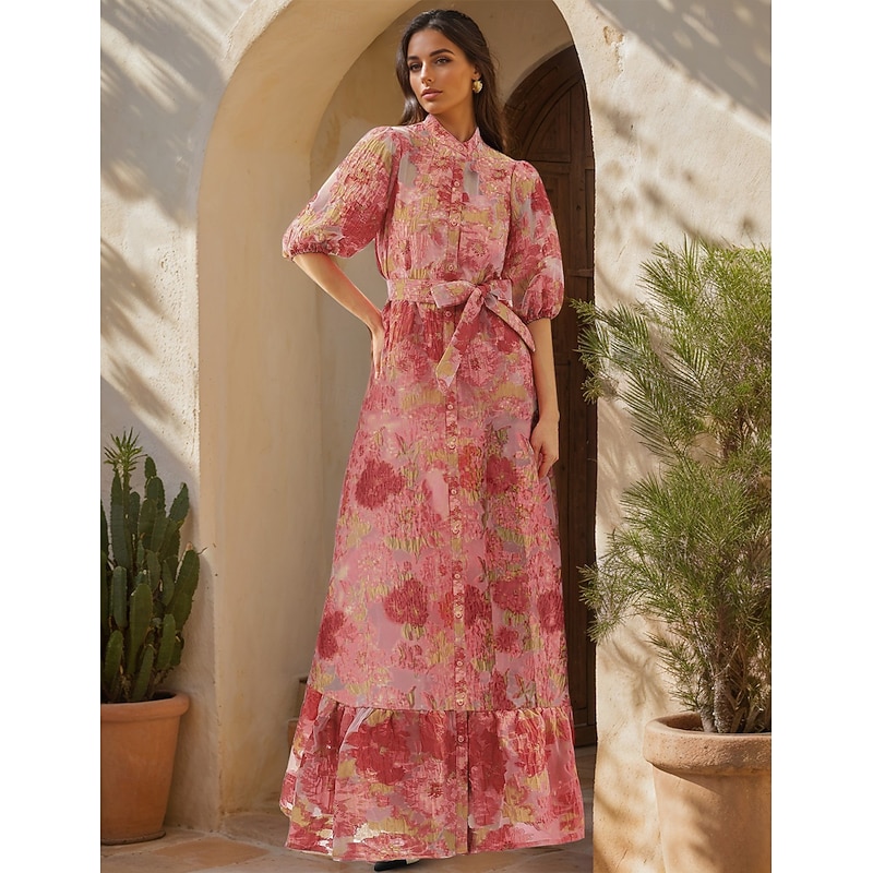 Floral JacquardA-Line Evening Gown Shirt Dress Formal Wedding Floor Length Short Sleeve Bubble Sleeve Shirt Collar Organza with Ruffles