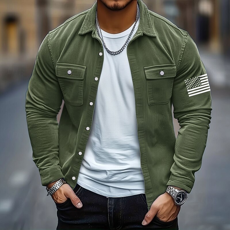 Men's American US Flag Corduroy Shirt Shirt Jacket Overshirt Long Sleeve Casual Outdoor Dailywear Fall Winter Turndown Button-Down Warm Jacket with Flap Pockets Blue Green Khaki Dark Gray