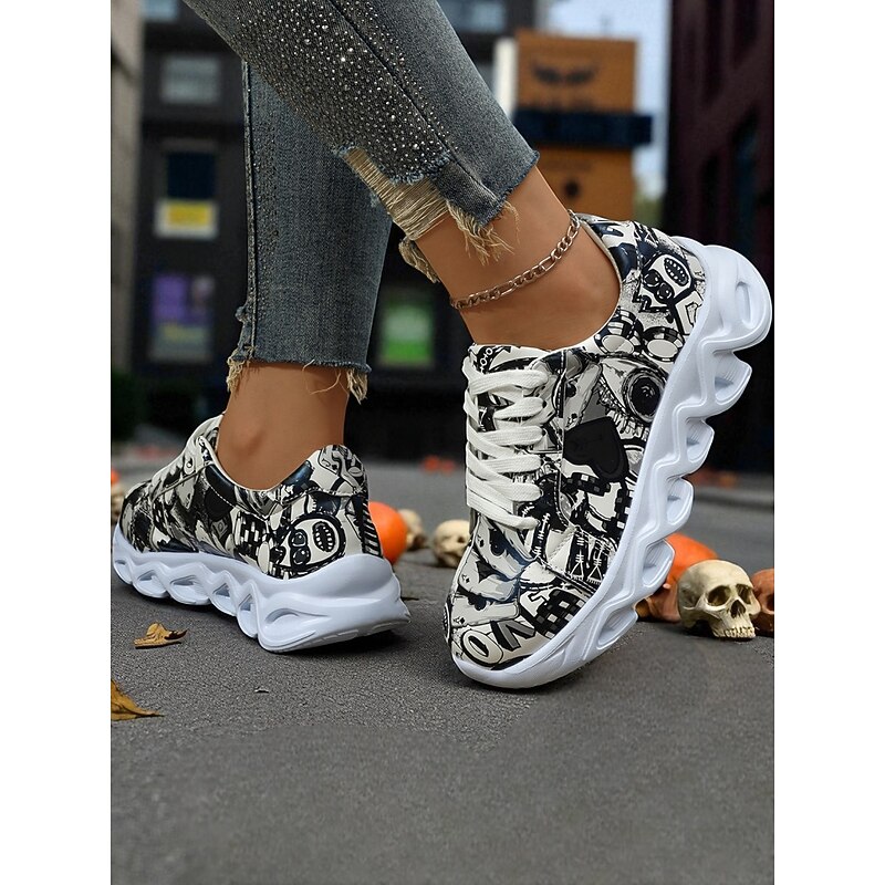 Women's Black and White Graffiti Halloween Sneakers - Chunky Sole Athletic Walking Shoes for Urban Streetwear, Fall Outfits and Costume Parties3