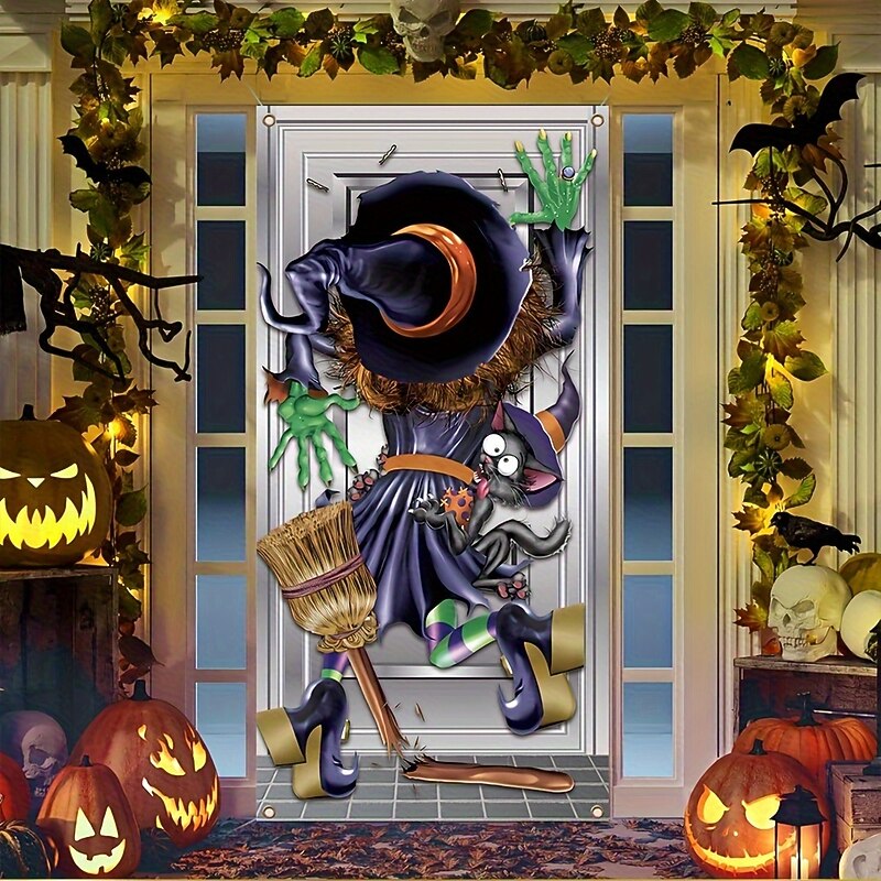 Halloween Witch Door Cover for Indoor/Outdoor – Cute Green Witch Girl with Cat and Broom, Cartoon Style Front Door Decoration for Trick or Treat3