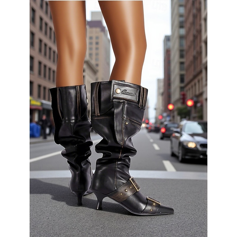 Women's Kitten Heel Mid Calf Boots with Extra Wide Shaft and Buckle Strap Detailing, Urban Fashion Style Comfortable Footwear for Women's Trendy City Outfits3
