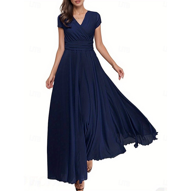 Women's Maxi long Dress Boho Wedding Guest Dress Elegant Stylish Regular Fit Plain Short Sleeve V Neck Black White Yellow Light Green Summer Spring3