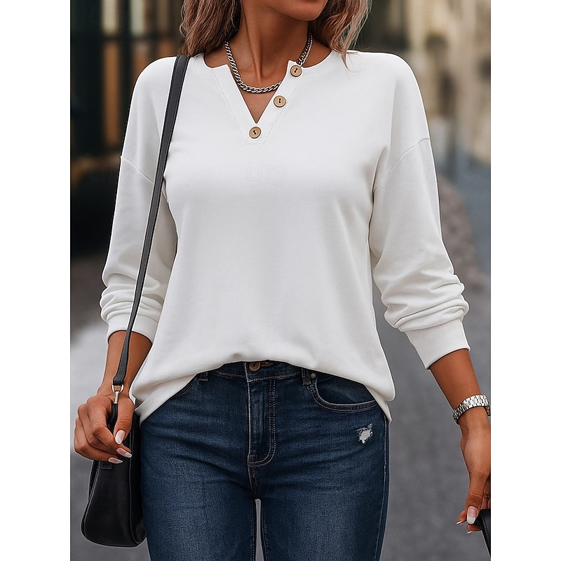 Women's Blouse Solid Color Elegant Daily Casual Long Sleeve V Neck Regular Tops Work Daily Holiday Buttons White Pink Green Peacock Blue Grey Spring Fall Winter4