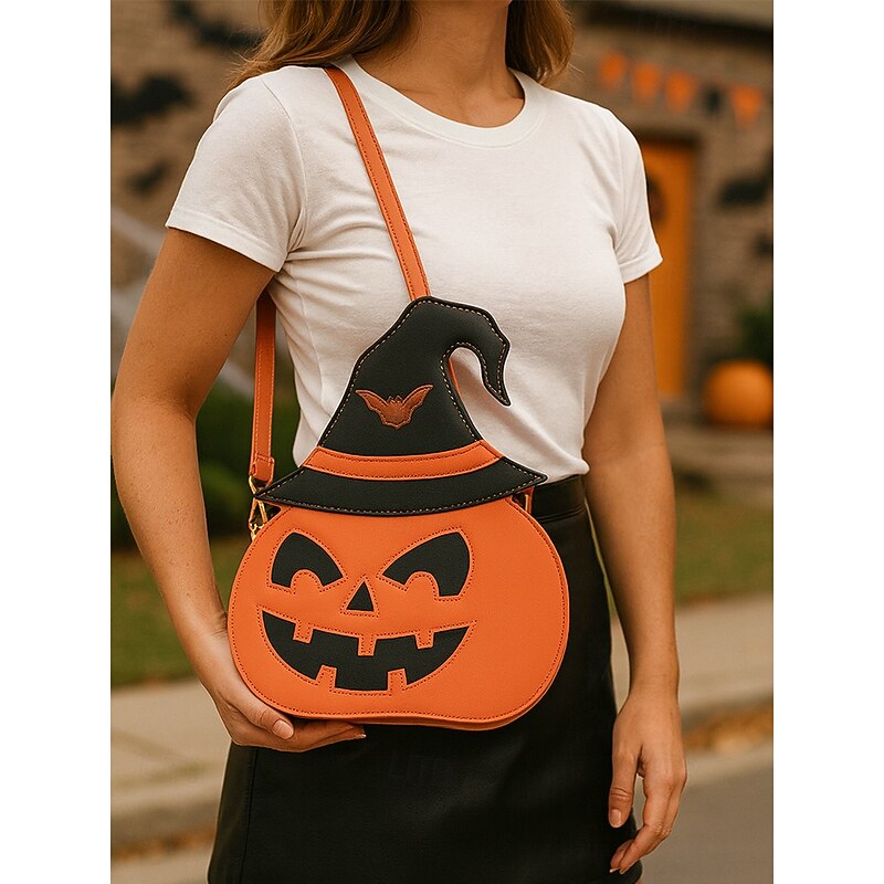 Women's Halloween Pumpkin Jack-O'-Lantern Crossbody Purse – Witch Hat PU Leather Novelty Shoulder Bag, Adjustable Strap, Zipper Pocket – Cute for Cosplay, Costume Party, Trick-or-Treat2