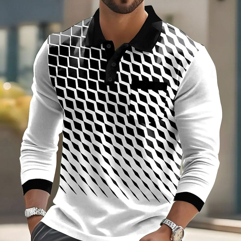Men's Geometric Polo Long Sleeve Polo Shirts Lapel Business Casual Athleisure Daily Wear Pocket 3D Print Buttons Spring Fall White Blue Green