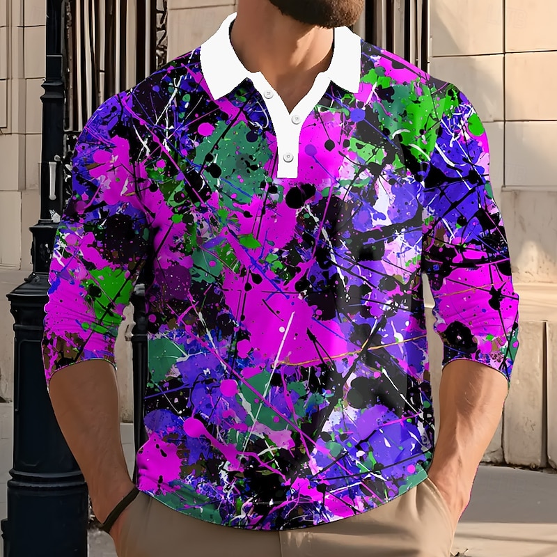 Men's Splash Ink Polo Long Sleeve Polo Shirts Lapel Casual Street Athleisure Daily Wear 3D Print Buttons Spring Fall Winter Yellow Blue Purple3