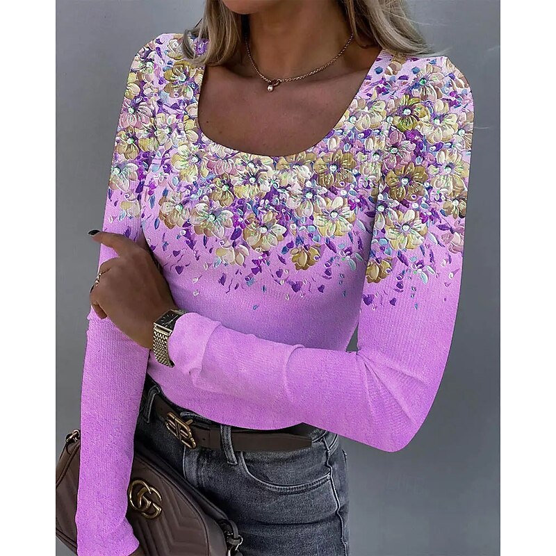 Women's T Shirt Ribbed Graphic Square Neck Long Sleeve Casual Tunic Floral Plants Vintage Stylish Regular Tops Daily Print Pink Blue Orange Green Summer Spring Fall3