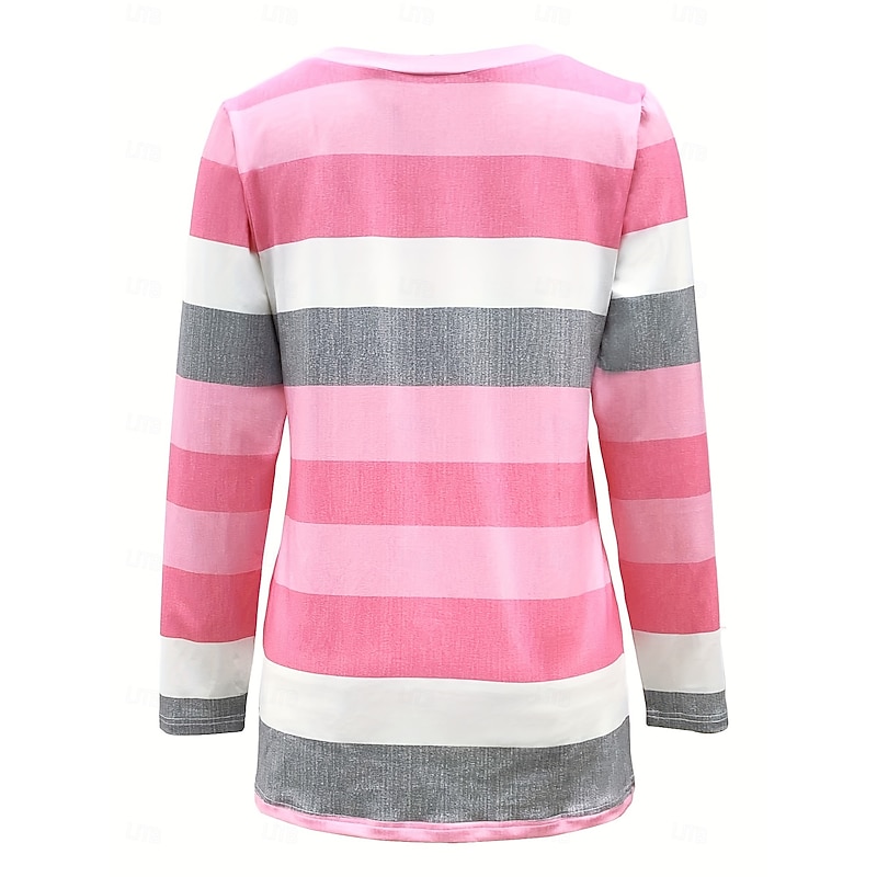 Women's T Shirt Graphic Striped Vintage Stylish Classic Long Sleeve Crew Neck Regular Tops Daily Going out Weekend Buttons Print Pink Spring Fall Winter3