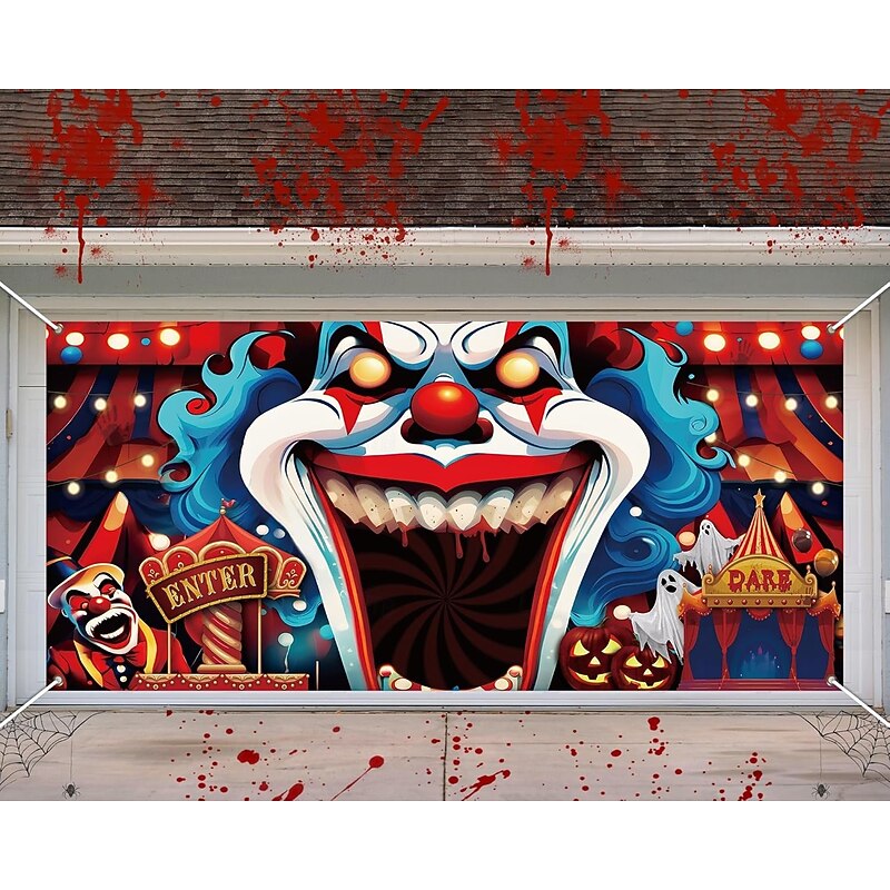 Halloween Tapestry Garage Door Cover Large Hanging Backdrop Clown Dark Punk Gothic Style Party Outdoor Shooting Backgrounds Yard Haunted House Home Decor4