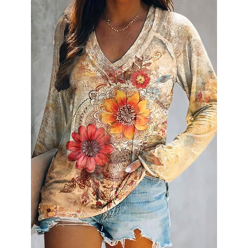 Women's T shirt Long Sleeve Floral Graphic Plants Elegant Bohemia Vintage Long Sleeve V Neck Regular Tops Daily Going out Weekend Print Yellow Blue Spring Fall Prefall