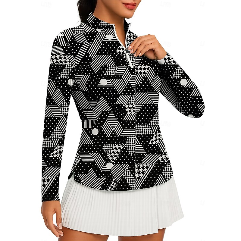 Women's Geometric Tops Golf Polo Shirt Tennis Shirt Tennis Tee Long Sleeve Print Quarter Zip Pullover UV Protection Elastic Breathable Tennis Golf Pickleball High Neck Zip Collar Shirt Polo Black