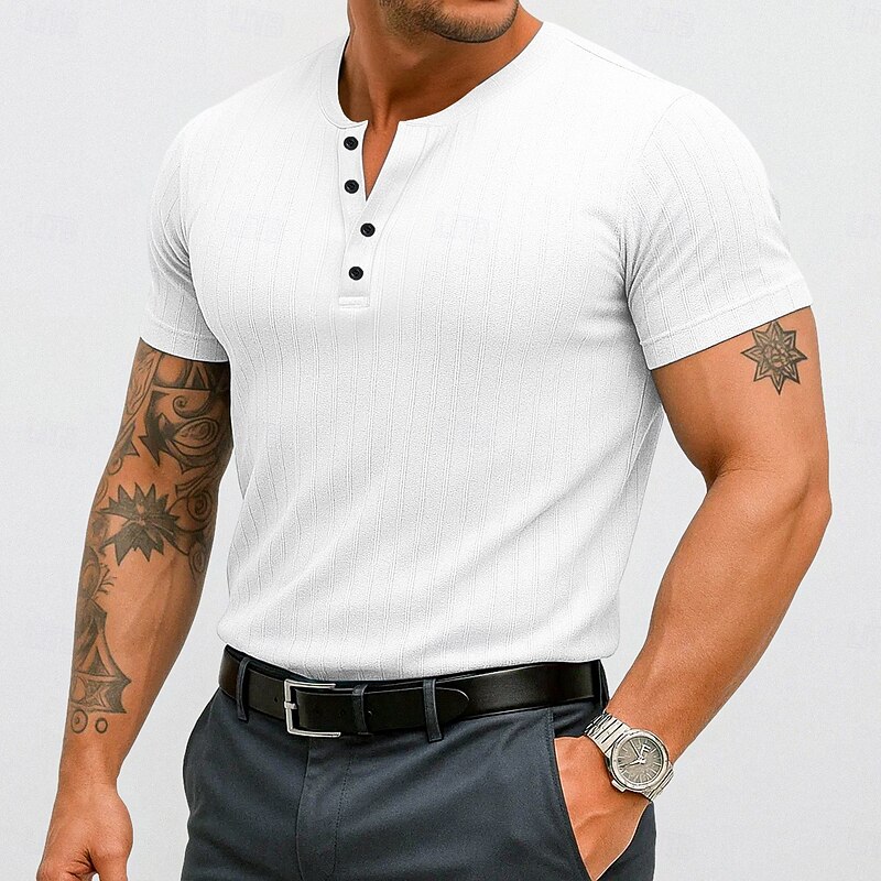 Men's Henley Shirt Short Sleeve Shirt Muscle Shirt Ribbed Knit tee Short Sleeve Henley Summer Solid Color Daily Hawaiian Buttons Outdoor Street Causal White Blue Top Tee for Men2