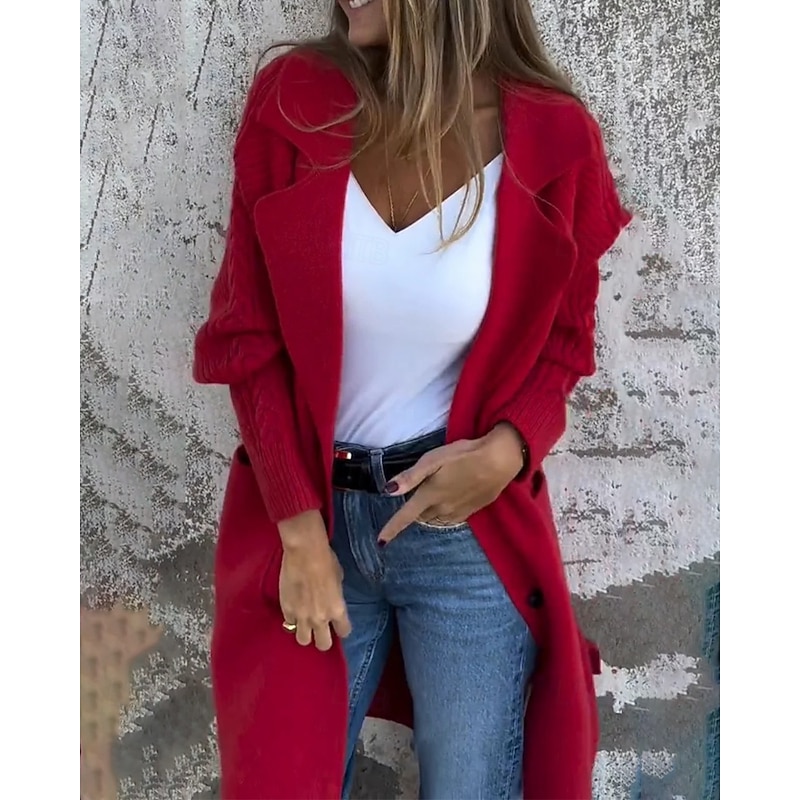Women's Cardigan Casual Soft Solid Color Cable Shirt Collar Pocket Knitted Long Sleeve Long Tops Knit Daily Going out Weekend Black Red Fall