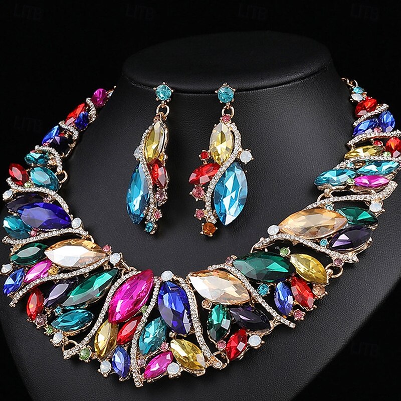 Jewelry Set Two-piece Suit Rhinestone Chrome Earrings Necklace Women's Elegant Vintage Fashion Vintage Style Classic Jewelry Set For Wedding Party Special Occasion3