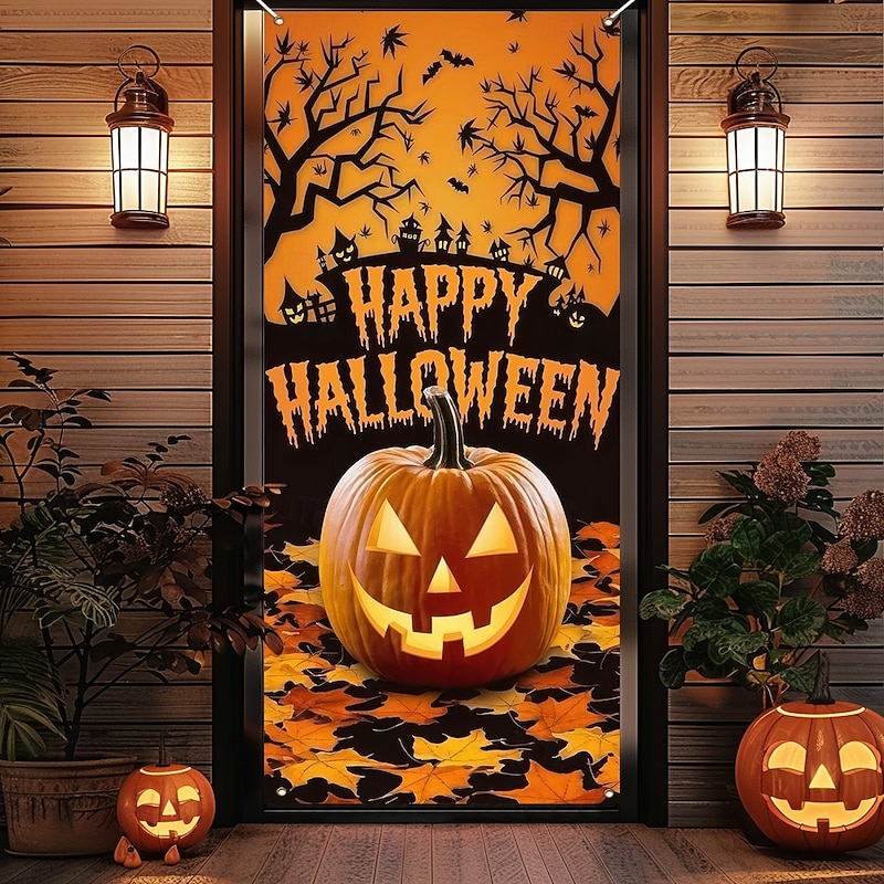 Halloween Door Cover Outdoor Banners Pumpkin Psychedelic Dark Punk Gothic Style Party Outdoor Shooting Backgrounds Front Door Wall Porch Home Decor