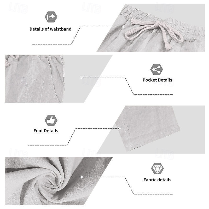Men's Linen Pants Trousers Summer Pants Baggy Pants Drawstring Elastic Waist Straight Leg Plain Comfort Breathable Full Length Home Daily Holiday Vacation Fashion Denim Blue Light Green Inelastic3