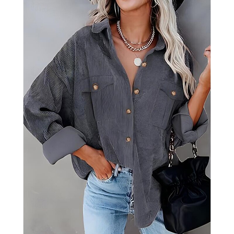 Women's Shirt Jacket Shacket Comfortable Pocket Buttons Casual Plain Holiday Going out Weekend Single Breasted Regular Turndown Regular Fit Long Sleeve Outerwear Brown Army Green Dark Gray Fall Winter