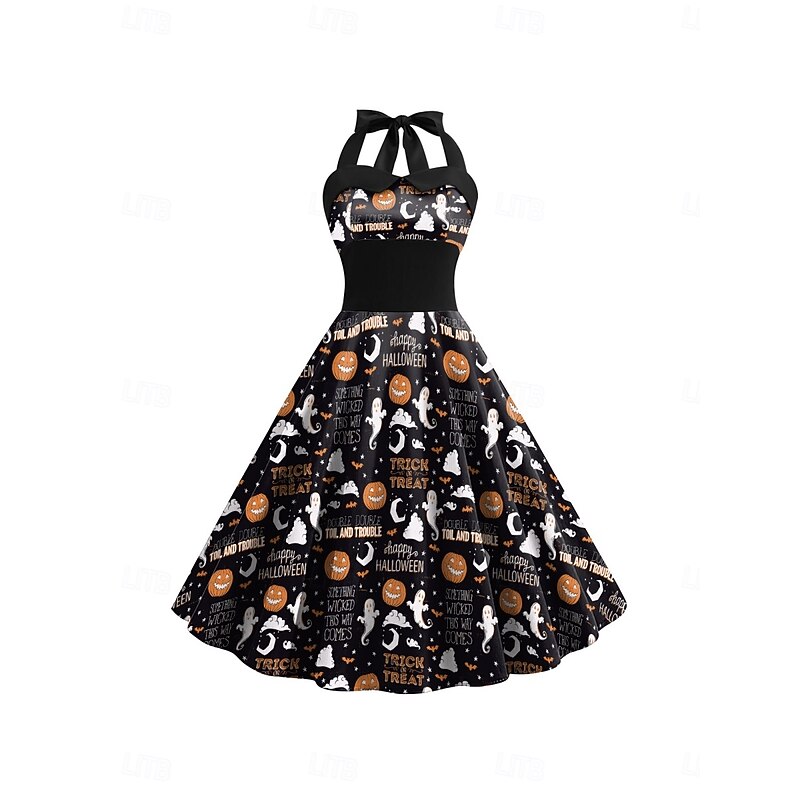 Halloween Women's Pumpkin Print Midi Dress A Line Dress Vacation Casual Daily Holiday Regular Fit Pumpkin Spider Sleeveless Halter Neck Black Yellow Orange Gray Summer Spring Fall3