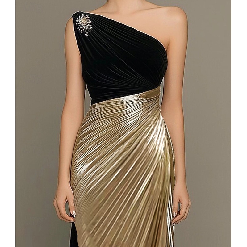 Black Gold Column Evening Gown Elegant Dress Formal Wedding Guest Floor Length Sleeveless One Shoulder Mother Of the Bride Dress Satin with Rhinestone Pleats3