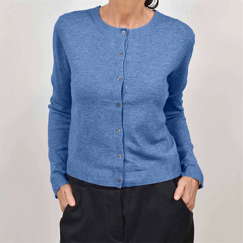Women's Sweater Fashion Solid Color Ribbed Crew Neck Buttons Knitted Long Sleeve Regular Tops Knit Holiday Going out Weekend Blue Camel Fall2