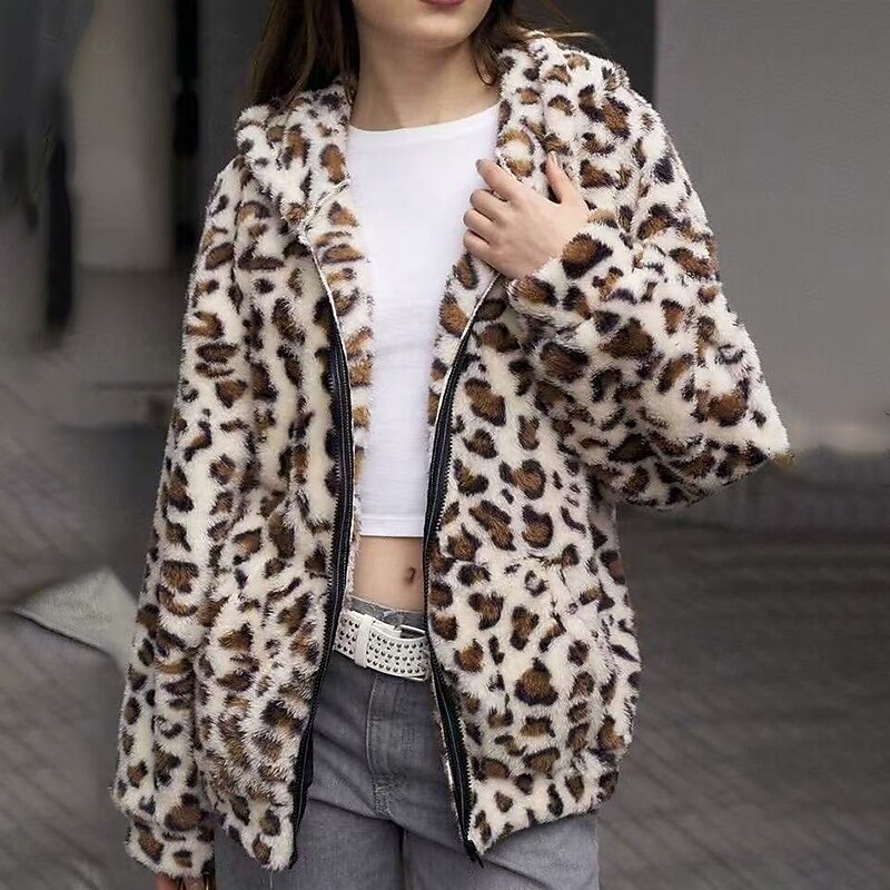Women's Double Fuzzy Jacket Thick Warm Zip Up Long Sleeve Sports Leopard Top For Outdoor Travel Vacation Activewear3