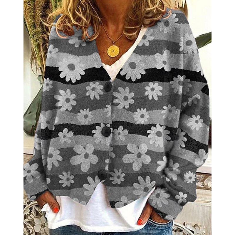 Women's Coat Casual Jacket Warm Comfortable Print Fashion Modern Casual Floral Going out Weekend Single Breasted Regular V Neck Regular Fit Long Sleeve Outerwear Pink Orange Green Fall Winter4