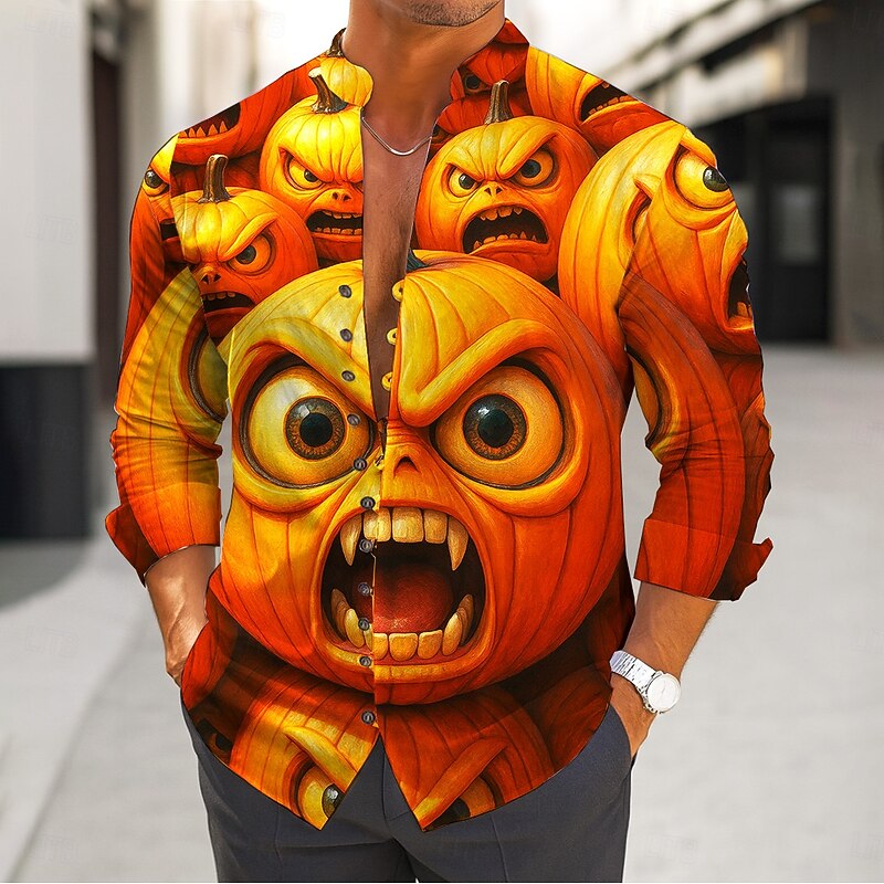 Halloween Men's Pumpkin 3D Cartoon Halloween Costumes Shirt Stand Collar Shirt Long Sleeve Dark Gothic Style Outdoor Holiday Spring Fall Mandarin Collar Band Collar Button-Down Linen Like Shirt Orange