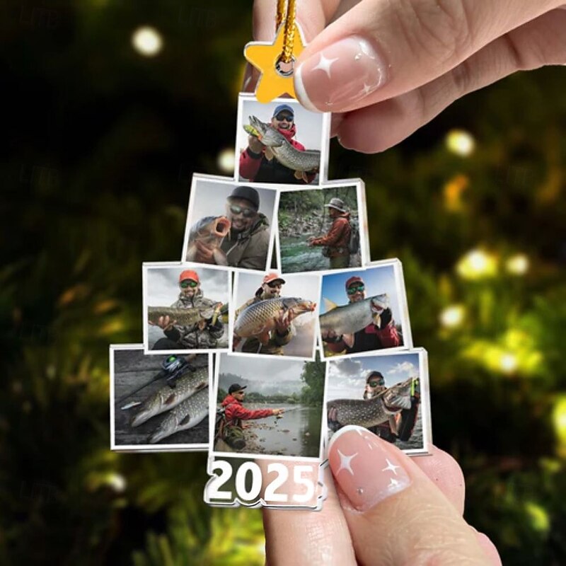 Personalized Christmas Tree Fishing Photo Ornaments Acrylic 2D Custom Picture Frame Decor Christmas Tree Xmas Decoration Hanging Pendant Gifts for Family and Friends2