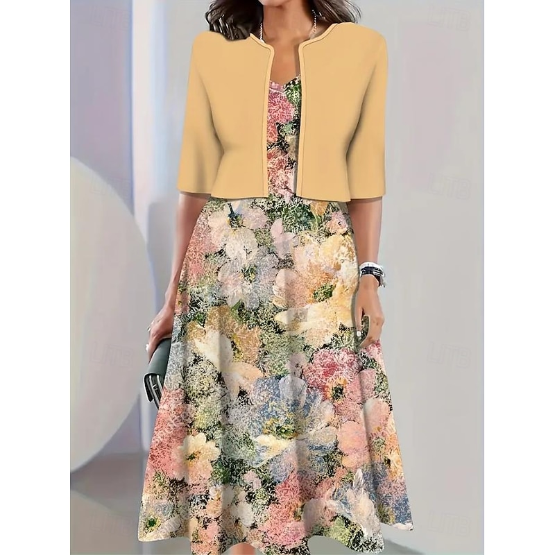 Women's Dress Set A Line Dress Casual Semi Formal Floral Graphic Print Midi Dress Half Sleeve Crew Neck Vacation Date Yellow Blue Beige Summer Spring Regular Fit2