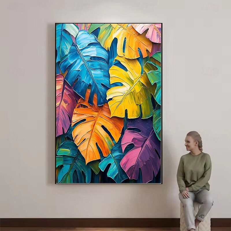 Handmade Oil Painting Canvas Wall Art Decoration Abstract Colorful Tropical Green Plants Banana Leaf for Home Decor Rolled Frameless Unstretched Painting4
