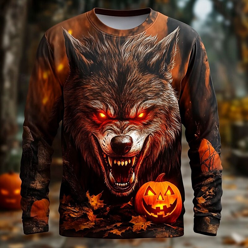 Halloween Men's 3D Werewolf T Shirt Long Sleeve T shirt 3D Print Crew Neck Shirt Fashion Exaggerated Street Casual Daily Blue Purple Orange Summer Spring Fall Clothing Apparel S M L XL XXL XXXL