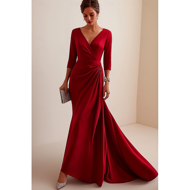 Red Black Mermaid / Trumpet Evening Gown Elegant Dress Formal Wedding Floor Length 3/4 Length Sleeve V Neck Stretch Satin with Ruffles 2025