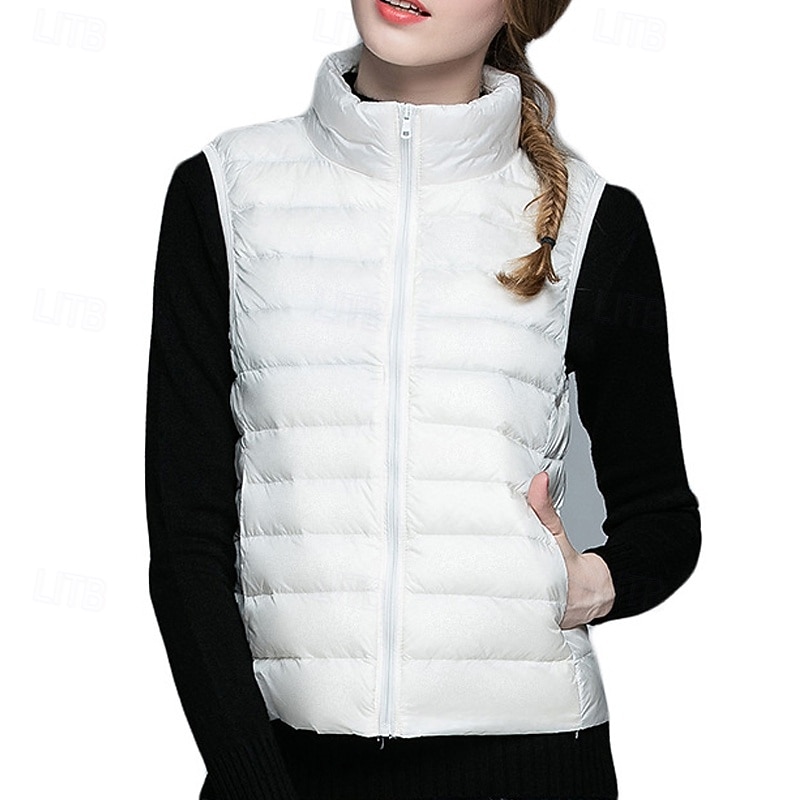 Women's Vest Warm Comfortable Zipper Pocket Fashion Outdoor Plain Going out Weekend Zipper Regular Stand Collar Regular Fit Sleeveless Outerwear White Red Purple Fall Winter