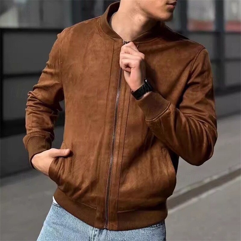 Men's Faux Suede Jacket Casual Jacket Vacation Daily Warm Pocket Fall Winter Plain Fashion Classic Stand Collar Regular Brown Green Jacket3