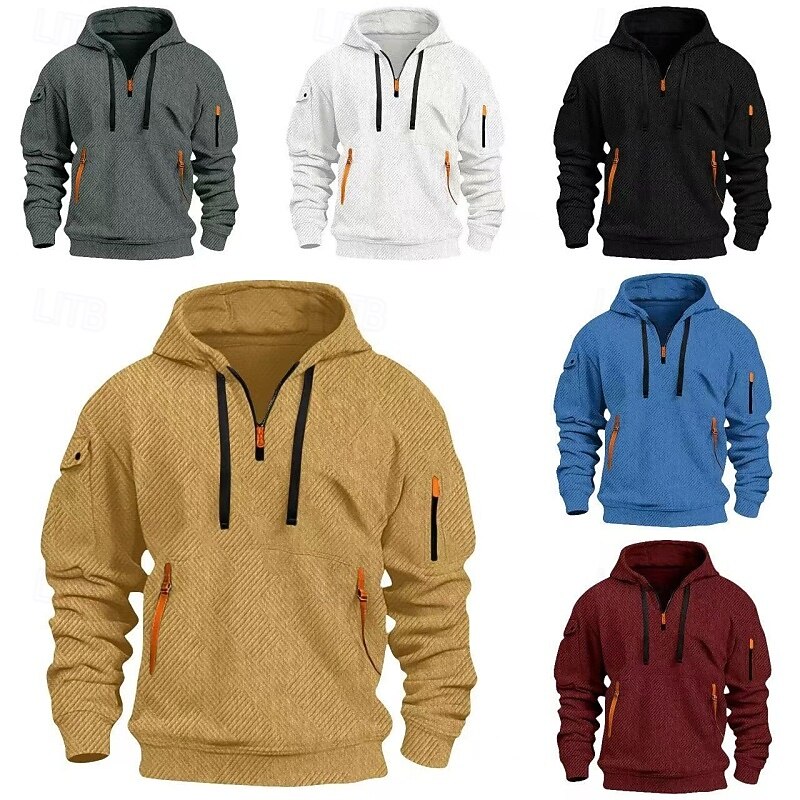 Men's Hoodie Quarter Zip Hoodie Tactical Hoodie Tactical Black White Red Blue Khaki Hooded Plain Zipper Textured Sports & Outdoor Casual Daily Streetwear Cool Sportswear Spring &  Fall Clothing