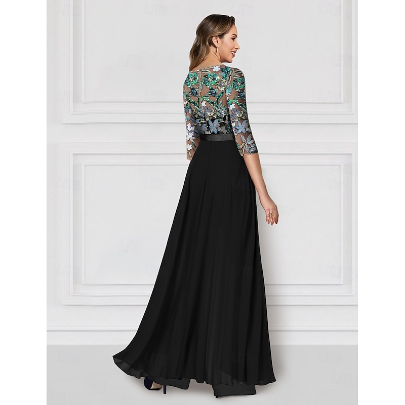 Floral Jumpsuit Embroidered Mother of the Bride  Formal Wedding Elegant Vintage Illusion Neck Floor Length Chiffon Half Sleeve with Sequin  Race Day Dress3
