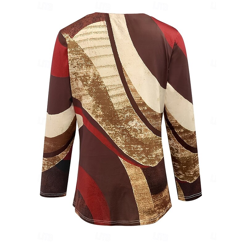 Women's T Shirt Graphic Geometric Vintage Stylish Casual Long Sleeve Crew Neck Regular Tops Daily Print Asymmetrical Red Purple Brown Green Khaki Summer Spring Fall3